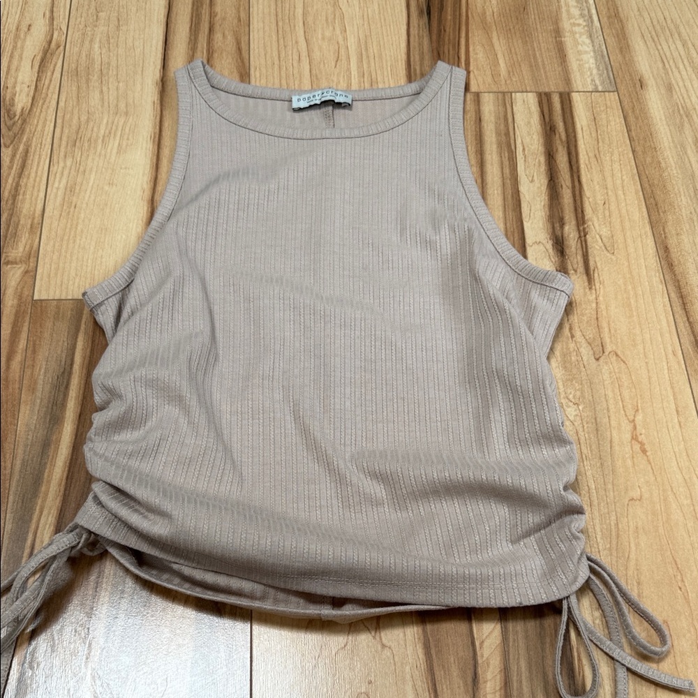 Paper Crane Beige Ribbed Side-Tie Tank Top